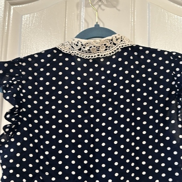 Polka dot Button Down Blouse with Lace Collar and Ruffled Sleeves - Picture 4 of 7